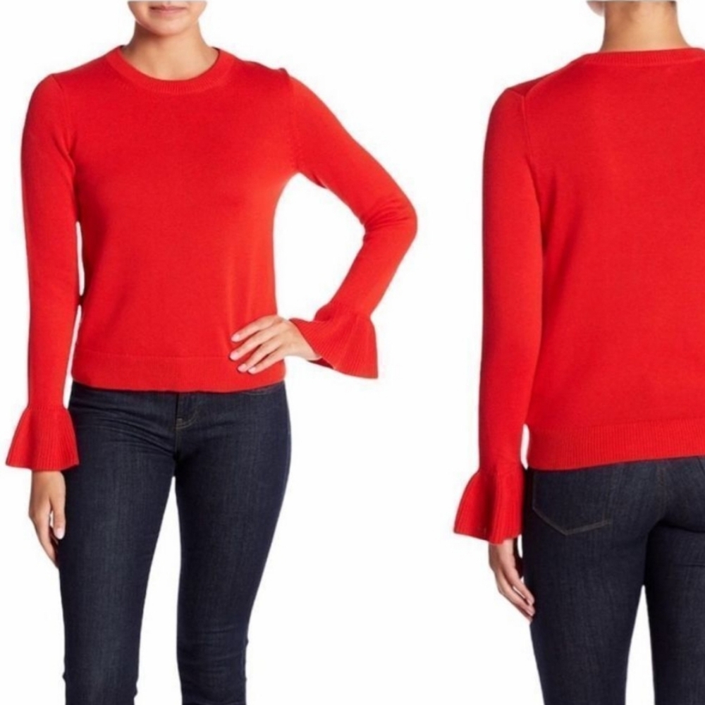 J. crew Cerise Red knit sweater with ruffle at cuffs XS